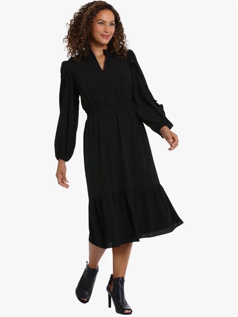 London Times Black V-Neck Long Sleeve Midi Dress